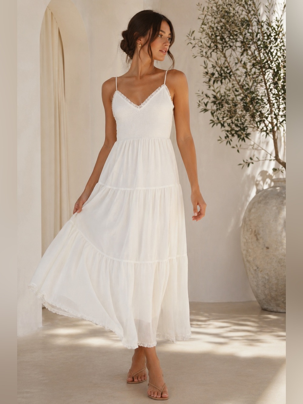 Aritzia Wilfred White Smocked Midi Dress Tiered Flowy Boho Size M